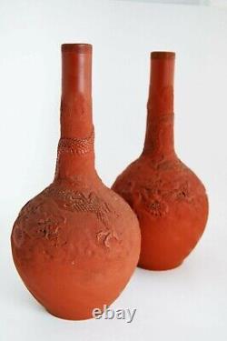 Pair of Antique Japanese Terra Cotta Raised Relief Dragon Red Ware Vases Signed