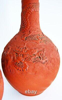 Pair of Antique Japanese Terra Cotta Raised Relief Dragon Red Ware Vases Signed