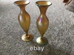 Pair of Antique L. C. T Tiffany Gold Iridescent Art Glass Vases Signed