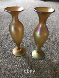 Pair of Antique L. C. T Tiffany Gold Iridescent Art Glass Vases Signed