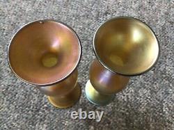 Pair of Antique L. C. T Tiffany Gold Iridescent Art Glass Vases Signed