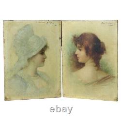 Pair of Antique Oil on Board Portraits of Women Signed By Jul Gallin C1890