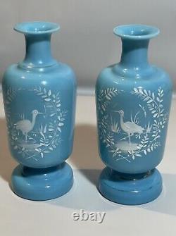 Pair of Antique Opaline Blue Bristol Vases Enamel Handprinted Heron Signed
