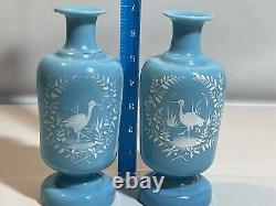 Pair of Antique Opaline Blue Bristol Vases Enamel Handprinted Heron Signed