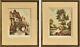 Pair Of Antique Original, European, Colored Etchings Signed Gilt Wood Frames