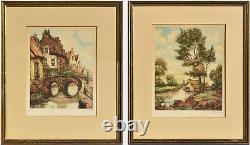 Pair of Antique Original, European, Colored Etchings Signed Gilt Wood Frames