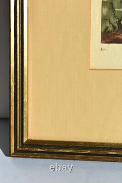 Pair of Antique Original, European, Colored Etchings Signed Gilt Wood Frames