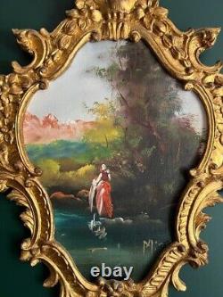 Pair of Antique Paintings Oil on Wood Gold Gilded Signed Framed Wall Art Decor