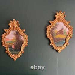 Pair of Antique Paintings Oil on Wood Gold Gilded Signed Framed Wall Art Decor