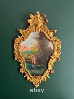 Pair of Antique Paintings Oil on Wood Gold Gilded Signed Framed Wall Art Decor