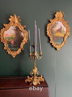 Pair of Antique Paintings Oil on Wood Gold Gilded Signed Framed Wall Art Decor