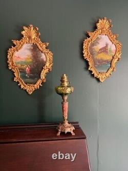 Pair of Antique Paintings Oil on Wood Gold Gilded Signed Framed Wall Art Decor