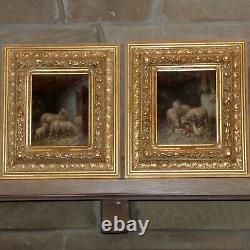 Pair of Antique Paintings of Sheep in Barns in Fabulous Original Frames