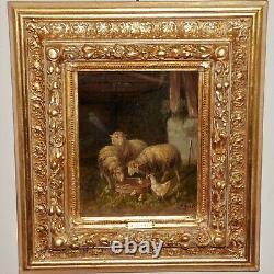 Pair of Antique Paintings of Sheep in Barns in Fabulous Original Frames