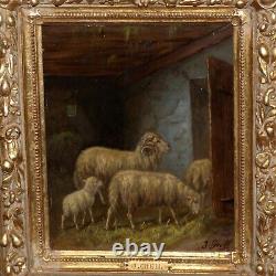 Pair of Antique Paintings of Sheep in Barns in Fabulous Original Frames