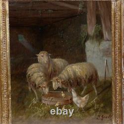 Pair of Antique Paintings of Sheep in Barns in Fabulous Original Frames
