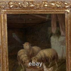 Pair of Antique Paintings of Sheep in Barns in Fabulous Original Frames