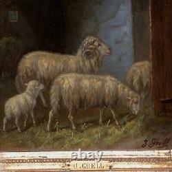 Pair of Antique Paintings of Sheep in Barns in Fabulous Original Frames