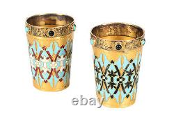 Pair of Antique Russian Silver Gilt & Enamel Shot Glasses -Signed