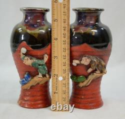 Pair of Antique SUMIDA GAWA 5 1/2 Vases Signed EUC (JLP)