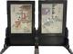 Pair Of Antique Signed Chinese Enamel Plaques On Wooden Stands/frames