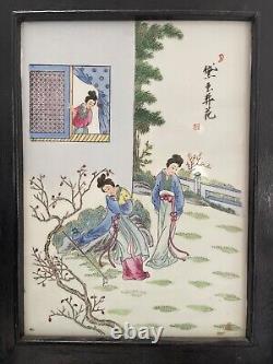Pair of Antique Signed Chinese Enamel Plaques on Wooden Stands/Frames