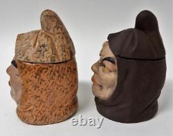 Pair of Antique Signed Figural Terracotta Novelty Monk Character Tobacco Jars