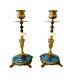 Pair Of Antique Signed Gilded Bronze Champlevé Enamel Onyx Candlesticks Rare 19c