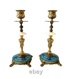 Pair of Antique Signed Gilded Bronze Champlevé Enamel Onyx Candlesticks Rare 19C