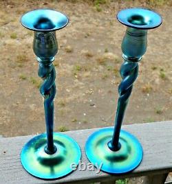 Pair of Antique Steuben Blue Aurene Candlesticks, 11.875 Inches High, Signed