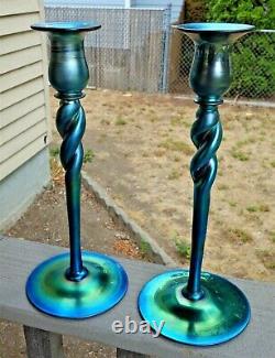 Pair of Antique Steuben Blue Aurene Candlesticks, 11.875 Inches High, Signed