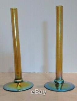 Pair of Antique Steuben Gold Aurene Art Deco US Glass Rose Flower Bud Stick Vase
