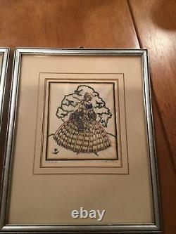 Pair of Antique Sylvia (Silvia) Penther Linocuts Hand Colored! Signed! Framed