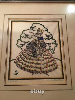 Pair of Antique Sylvia (Silvia) Penther Linocuts Hand Colored! Signed! Framed