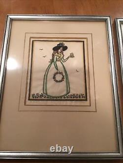 Pair of Antique Sylvia (Silvia) Penther Linocuts Hand Colored! Signed! Framed