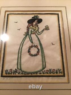 Pair of Antique Sylvia (Silvia) Penther Linocuts Hand Colored! Signed! Framed