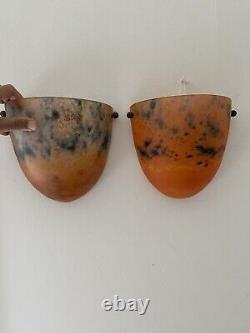 Pair of Art Deco Wall Pocket Sconces, Pate de Verre Signed 1920s, Muller Frères