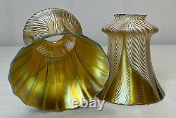 Pair of Beautiful Antique Signed Quezal Iridescent Glass Lamp Shades 2 1/4 Fit