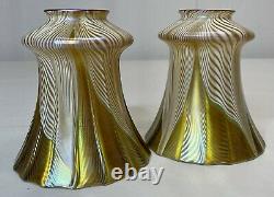 Pair of Beautiful Antique Signed Quezal Iridescent Glass Lamp Shades 2 1/4 Fit