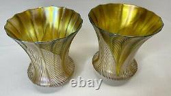 Pair of Beautiful Antique Signed Quezal Iridescent Glass Lamp Shades 2 1/4 Fit