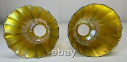 Pair of Beautiful Antique Signed Quezal Iridescent Glass Lamp Shades 2 1/4 Fit