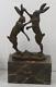 Pair Of Bronze Hares Boxing On Solid Marble Base Signed 24cm High