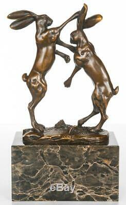 Pair of Bronze Hares Boxing on Solid Marble Base Signed 24cm High