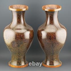 Pair of Chinese Cloisonné Baluster Vases Black Ground Gilt Scrolls 20th Century