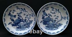 Pair of Chinese Kangxi Bowls Antique Blue White Bird Signed Mark