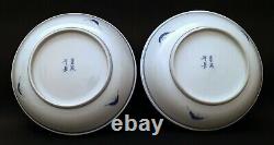 Pair of Chinese Kangxi Bowls Antique Blue White Bird Signed Mark