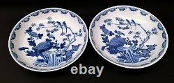 Pair of Chinese Kangxi Bowls Antique Blue White Bird Signed Mark