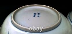 Pair of Chinese Kangxi Bowls Antique Blue White Bird Signed Mark
