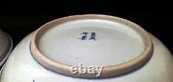 Pair of Chinese Kangxi Bowls Antique Blue White Bird Signed Mark