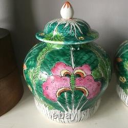 Pair of Chinese export Cabbage Leaf & Butterfly signed lidded vases temple jars